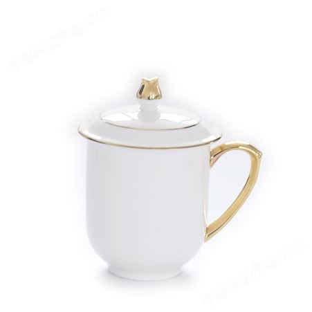 骨质瓷茶水杯 带盖 金边会议杯 陶瓷商务礼品办公杯