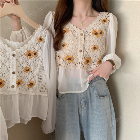 韩式设计感刺绣长袖衬衫女夏薄款2021新款法式V领白色衬衣潮