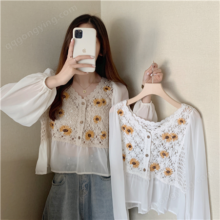 韩式设计感刺绣长袖衬衫女夏薄款2021新款法式V领白色衬衣潮