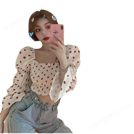 春季韩版复古雪纺衫女短款露脐草莓灯笼长袖方领衬衫上衣2022新款