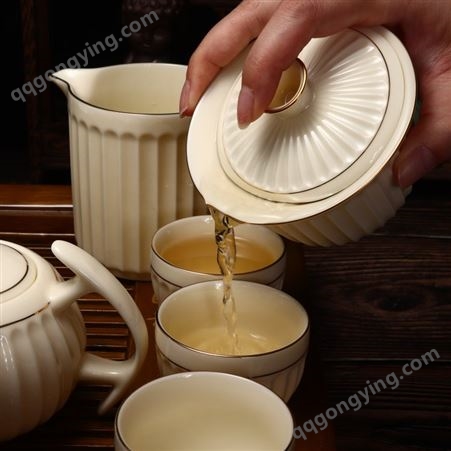 宝石黄茶具套装 家用待客碗盖喝茶礼盒装 锦绣 瓷质通透