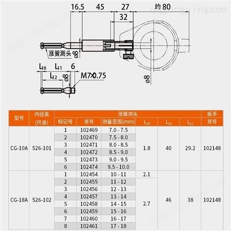 Mitutoyo日本三丰内径表 内径测量仪 高精度测量小孔 526-101 7-10mm涨簧测头6个深度32mm